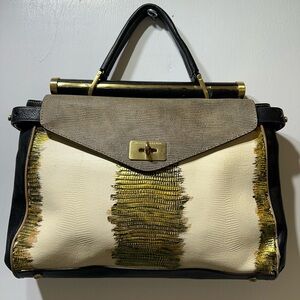 BCBG Maxazria Cream & Gold and Black Structured Top-Handle Women's Bag